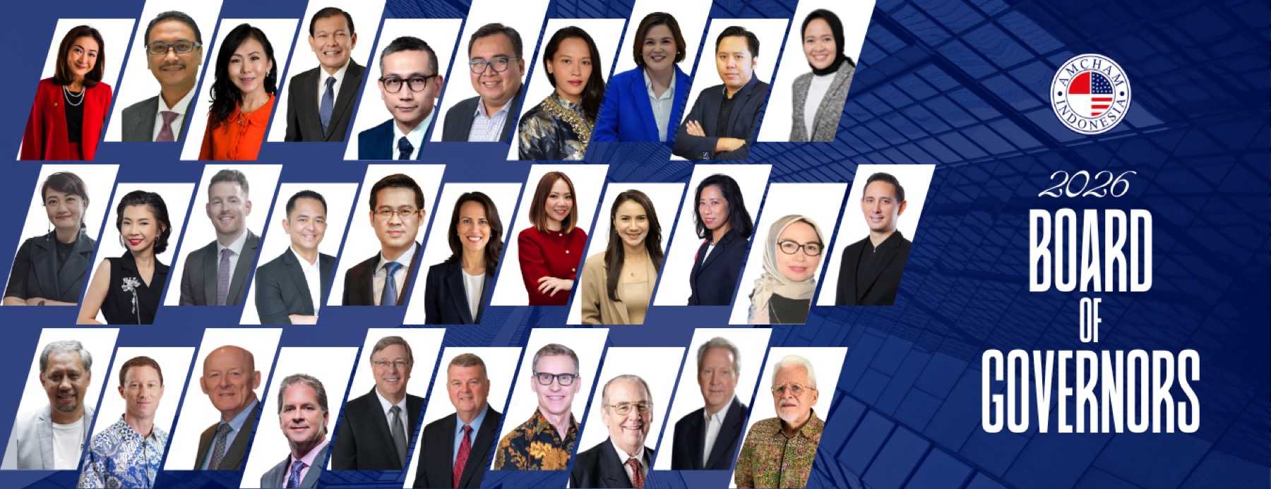 The 2026 AmCham Indonesia Board of Governors, as the chamber publishes it in one banner