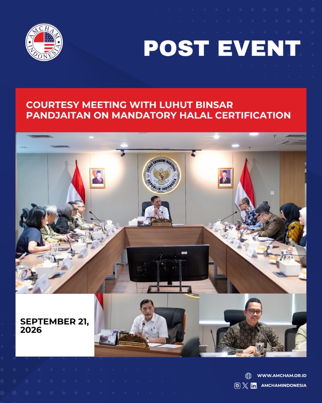 AmCham Indonesia card from the courtesy meeting with the National Economic Council on mandatory halal certification