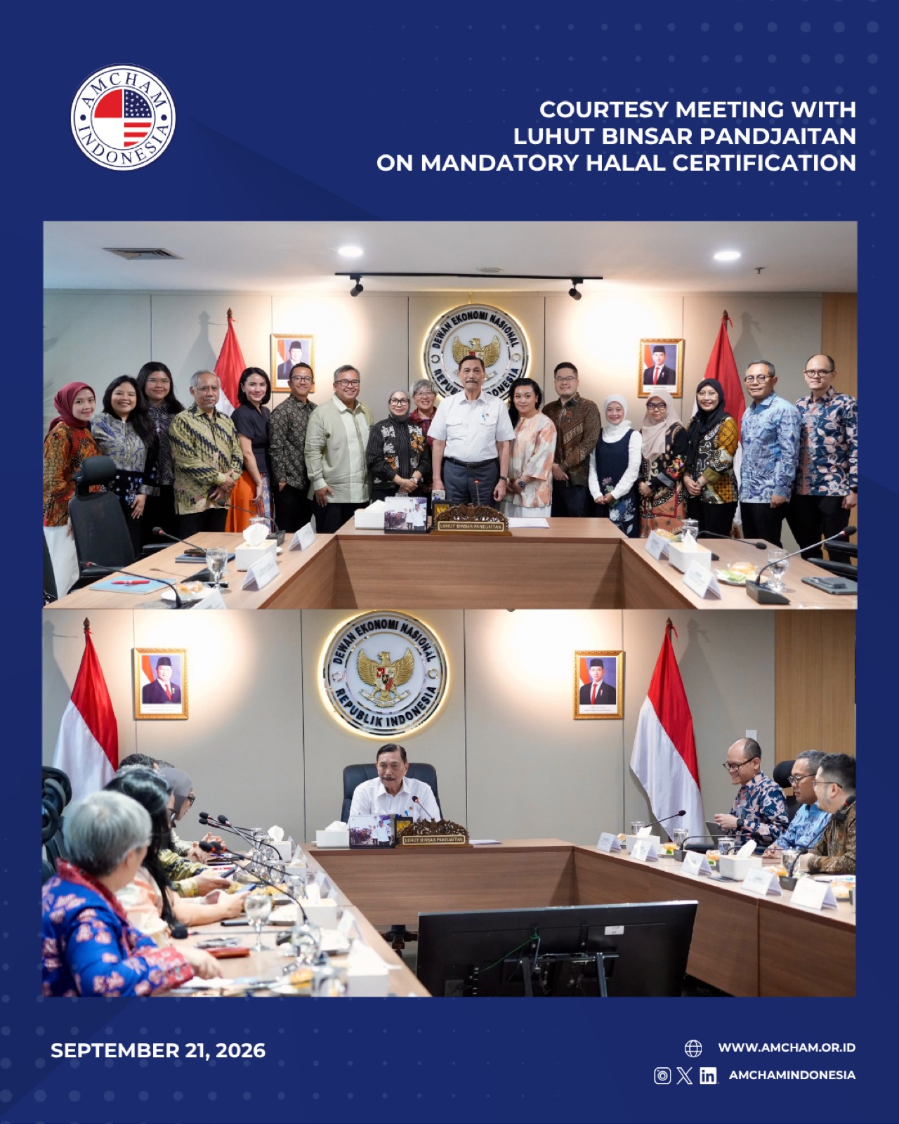 AmCham Indonesia card from the courtesy meeting with the National Economic Council on mandatory halal certification