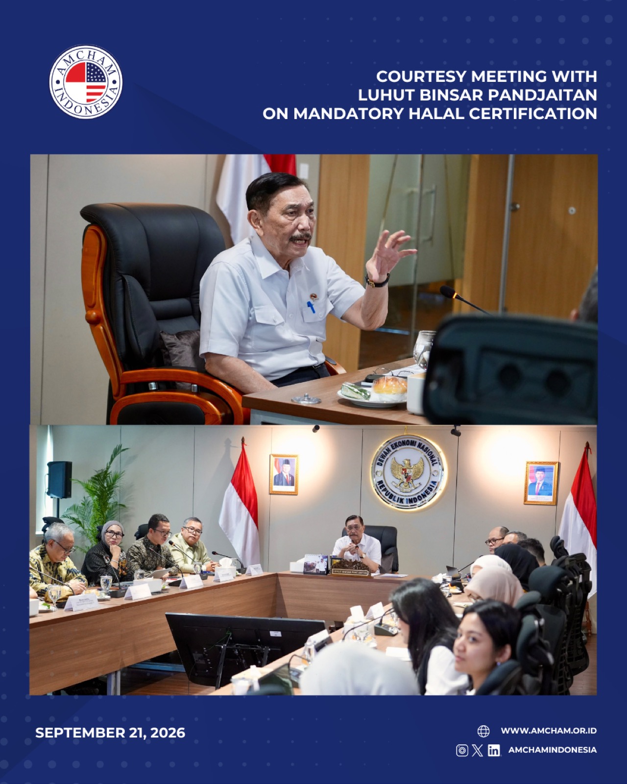 AmCham Indonesia card from the courtesy meeting with the National Economic Council on mandatory halal certification
