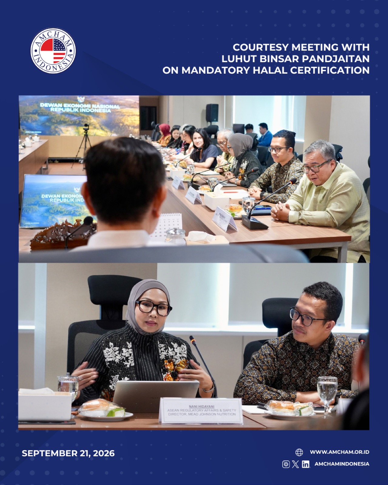 AmCham Indonesia card from the courtesy meeting with the National Economic Council on mandatory halal certification