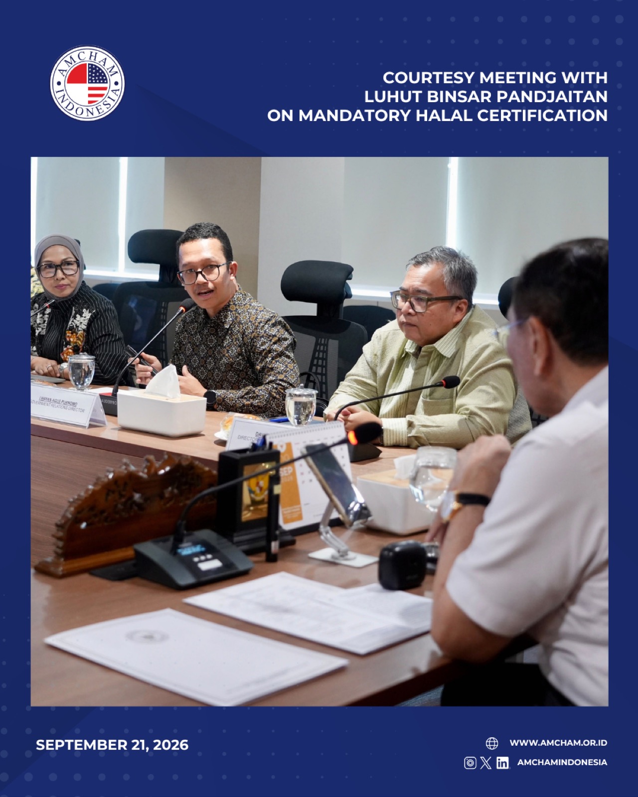 AmCham Indonesia card from the courtesy meeting with the National Economic Council on mandatory halal certification