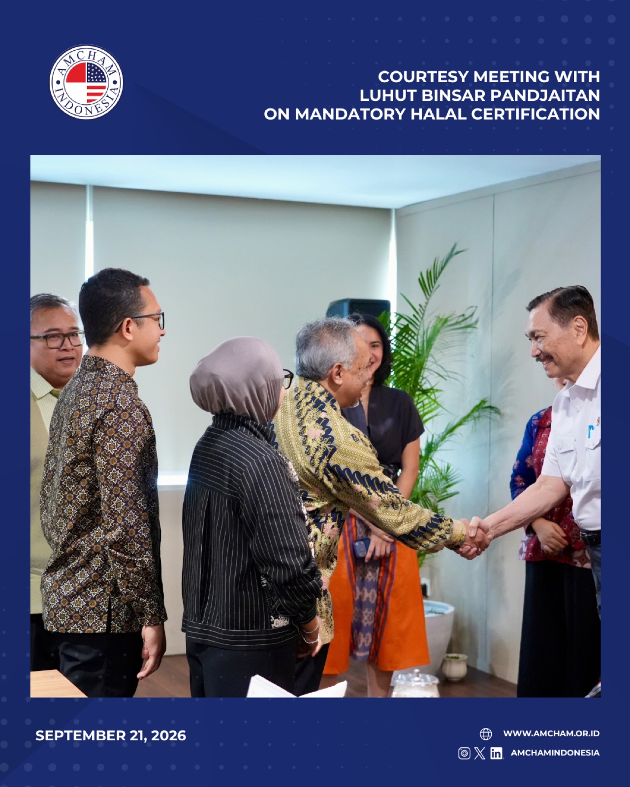 AmCham Indonesia card from the courtesy meeting with the National Economic Council on mandatory halal certification